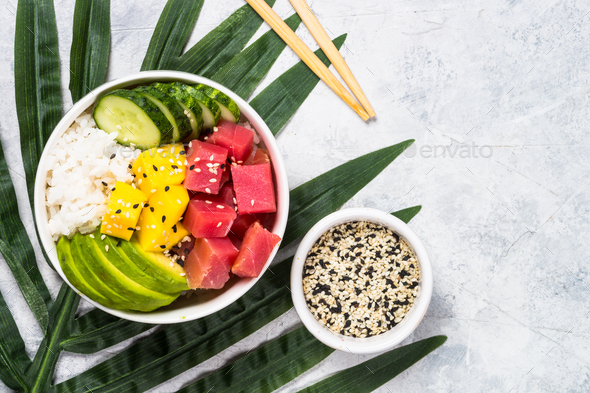 Tuna poke bowl with rice and vegetables - Stock Photo - Images