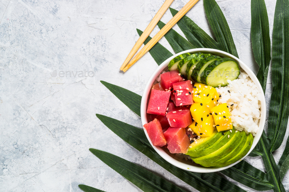 Tuna poke bowl with rice and vegetables - Stock Photo - Images