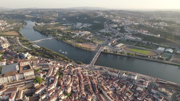 Panoramic view of Coimbra city, Portugal. Aerial orbit