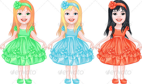 Set of Charming Little Girls in Fancy Dresses