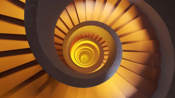 Modern, contemporary bright orange spiral staircase. Camera slowly rotates. 4KHD