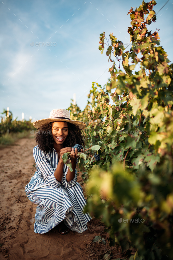 Young black woman eating a grape in a vineyard