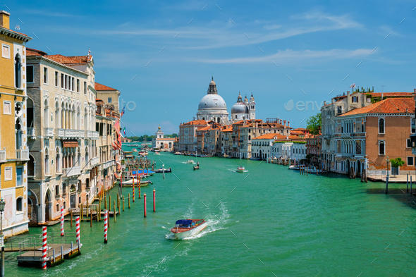 View of Venice Grand Canal and Santa Maria della Salute church on sunset - Stock Photo - Images