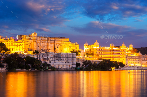 Udaipur City Palace in the evening view. Udaipur, India - Stock Photo - Images