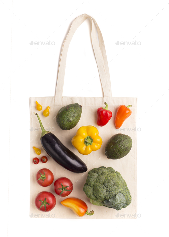 Eco friendly reusable shopping bag with eco vegetables on it