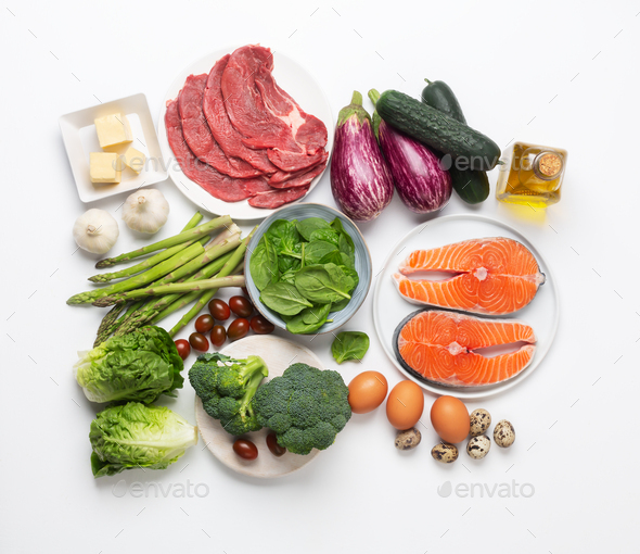 Atkins Diet food ingredients isolated on white, health concept, top view, flat lay - Stock Photo - Images