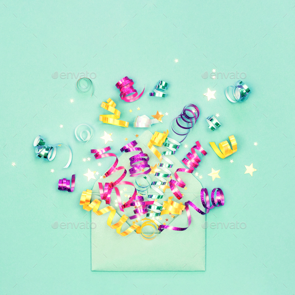 Envelop with Party Decorations on Mint Background. - Stock Photo - Images