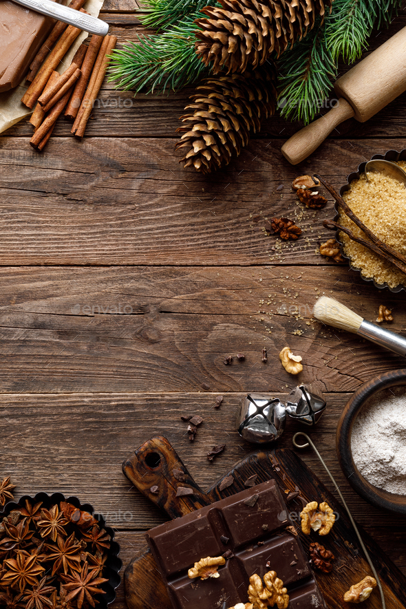 Christmas or new year culinary rustic wooden background with food ingredients for cooking - Stock Photo - Images