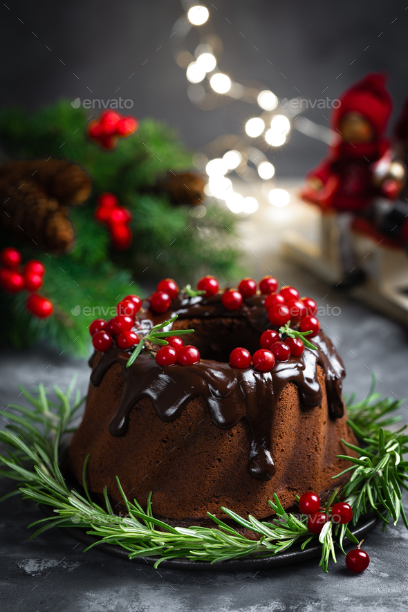 Christmas Chocolate Bundt Cake With Glaze Decorated With Fresh Berries And Rosemary Stock Photo By Sea Wave