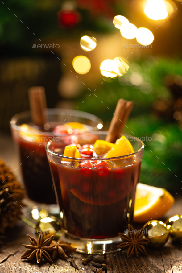 Christmas, New Year, Xmas or Noel mulled wine with decorations - Stock Photo - Images