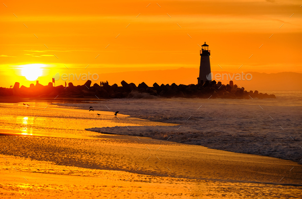 Santa Cruz Breakwater Light Walton Lighthouse at sunrise Stock