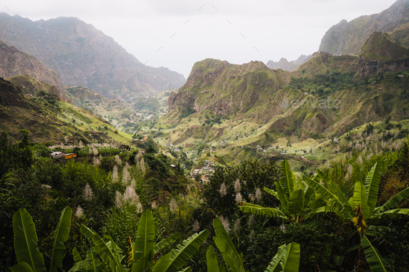 Cape Verde. Gorgeous view of famous fertile Paul Valley. Agriculture terraces of sugarcane in - Stock Photo - Images
