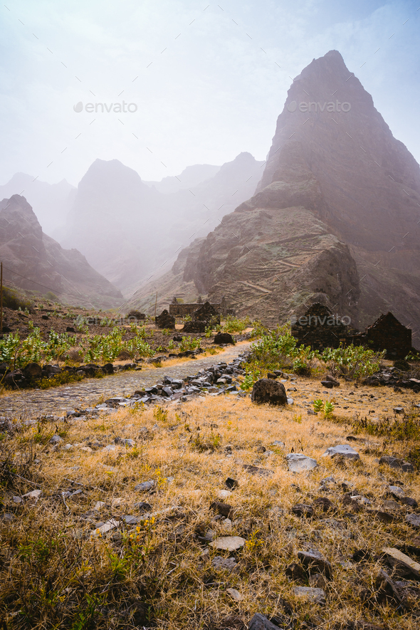 Santo Antao Island, Cape Verde. Aranhas mountain peak in the decay ruine valley houses. Stony hiking - Stock Photo - Images