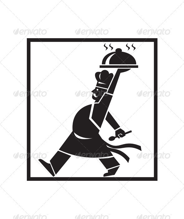 Cook Chef Baker Walking Serving Food Platter Retro