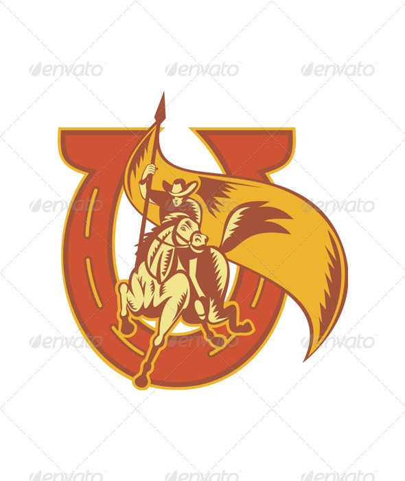 Rodeo Cowboy Riding Horse With Flag Horseshoe