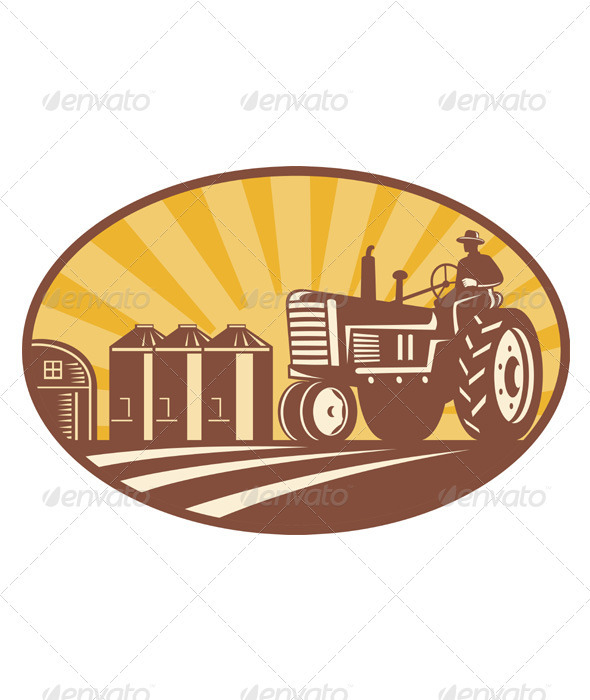 Farmer Driving Vintage Tractor Retro Woodcut