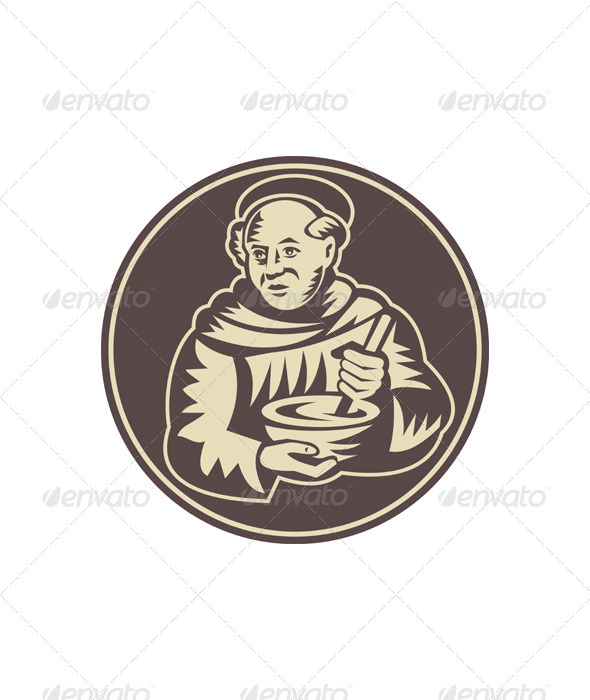 Friar Monk Cook Mixing Bowl Woodcut
