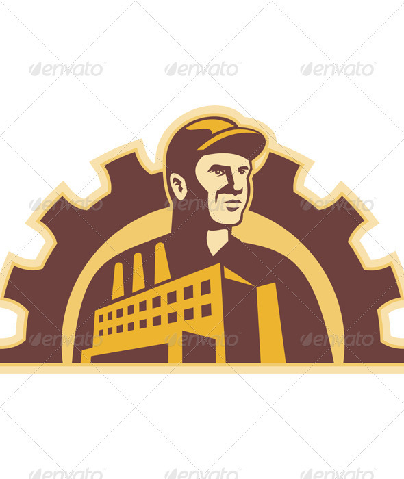 Factory Worker Building Gear Cog Retro - People Characters