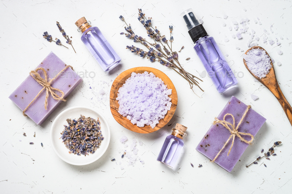 Lavender cosmetics on white top view - Stock Photo - Images