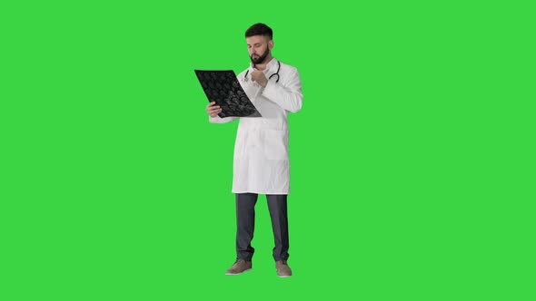 Arab Doctor Reading and Reviewing a MRI Brain Scan on a Green Screen, Chroma Key. alt