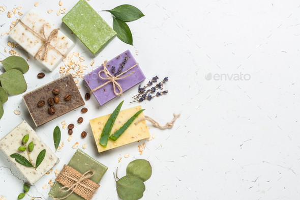 Lavender cosmetics on white top view - Stock Photo - Images