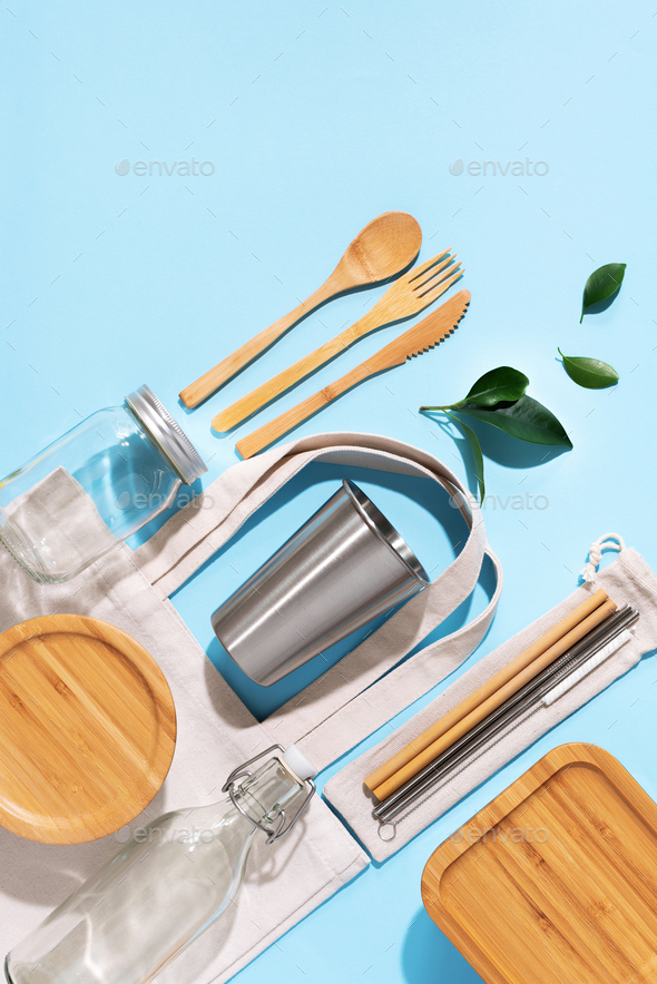 Cotton bags, glass jar, bottle - Stock Photo - Images
