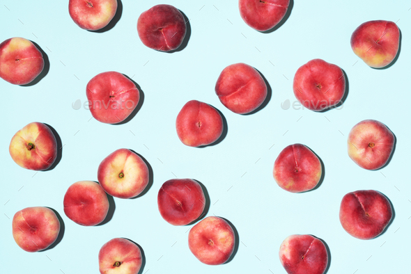 Peaches pattern on pastel blue background. Frame made of fresh fruits. Flat lay, top view, copy - Stock Photo - Images