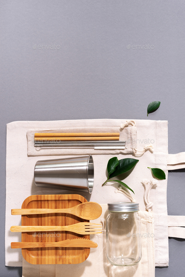 Sustainable lifestyle. Zero waste, plastic free shopping concept. Cotton bags, glass jar, bottle - Stock Photo - Images
