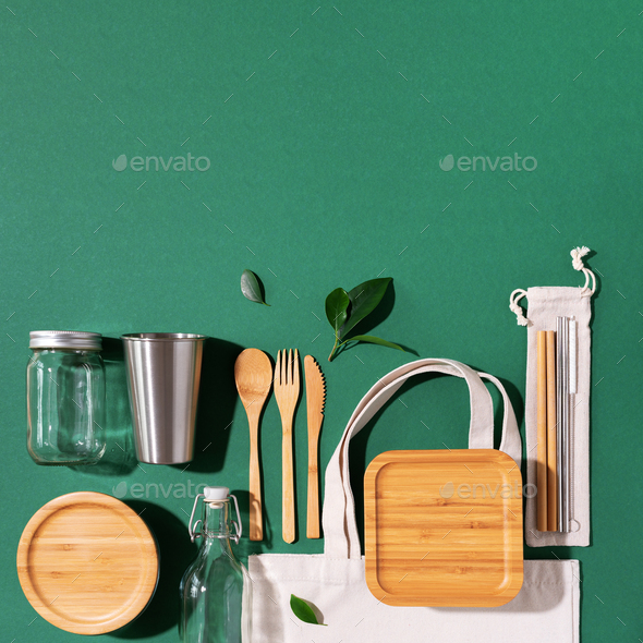 Sustainable lifestyle. Zero waste, plastic free shopping concept. Cotton bags, glass jar, bottle - Stock Photo - Images