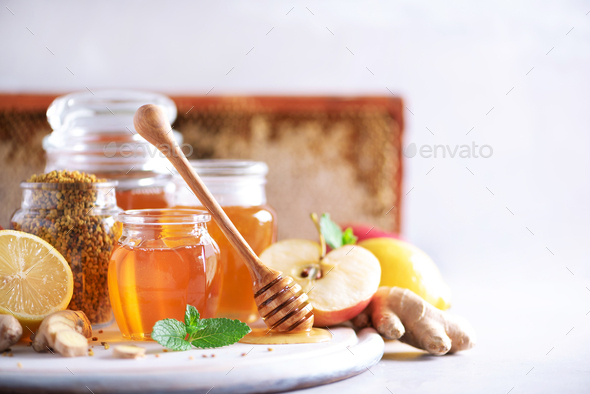 Alternative medicine concept. Ingredients for flu fighting natural hot drink. Copy space. Lemon - Stock Photo - Images