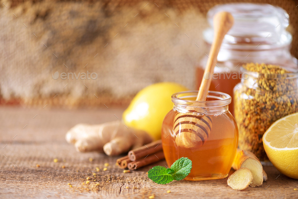 Alternative medicine concept. Ingredients for flu fighting natural hot drink. Copy space. Lemon - Stock Photo - Images