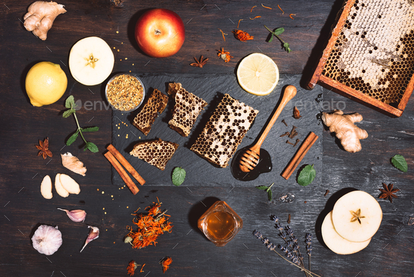 Alternative medicine concept. Ingredients for flu fighting natural hot drink. Copy space. Top view - Stock Photo - Images
