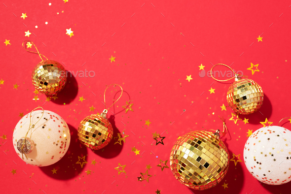 Christmas composition. Flat lay, top view. Disco ball bauble, star sparkles. Minimal New year party - Stock Photo - Images