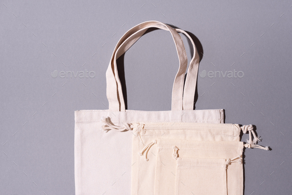 Reusable textile bag on gray background. Zero waste concept with copy space. Zero waste, plastic - Stock Photo - Images