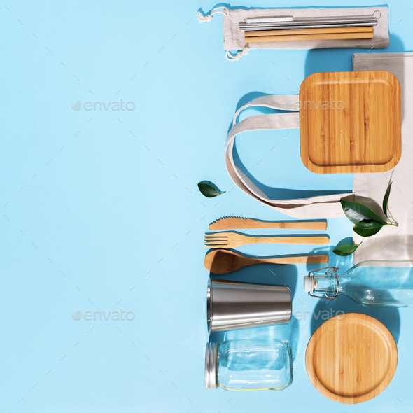 Sustainable lifestyle. Zero waste, plastic free shopping concept. Cotton bags, glass jar, bottle - Stock Photo - Images