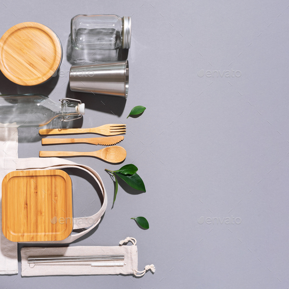 Sustainable lifestyle. Zero waste, plastic free shopping concept. Cotton bags, glass jar, bottle - Stock Photo - Images