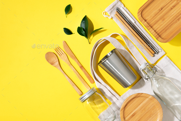 Sustainable lifestyle. Zero waste, plastic free shopping concept. Cotton bags, glass jar, bottle - Stock Photo - Images