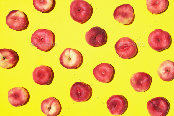 Peaches pattern on pastel yellow background. Frame made of fresh fruits. Flat lay, top view, copy - Stock Photo - Images