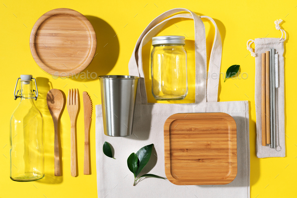 Sustainable lifestyle. Zero waste, plastic free shopping concept. Cotton bags, glass jar, bottle - Stock Photo - Images