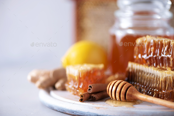 Alternative medicine concept. Ingredients for flu fighting natural hot drink. Copy space. Lemon - Stock Photo - Images