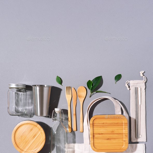 Sustainable lifestyle. Zero waste, plastic free shopping concept. Cotton bags, glass jar, bottle - Stock Photo - Images