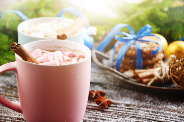 Christmas background of two mugs of hot chocolate with marshmall - Stock Photo - Images