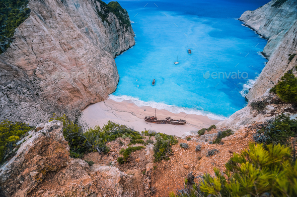 Navagio Shipwreck Beach on Zakynthos island, Greece. Famous attraction landmark must-see place visit - Stock Photo - Images