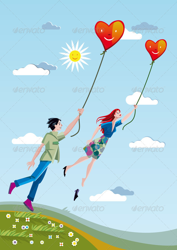 Man And Woman Flying With Hearts - Valentines Seasons/Holidays
