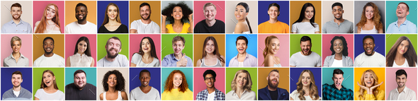 Collage of smiling and happy multiethnic people - Stock Photo - Images