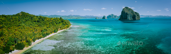 Panoramic drone aerial view of coastal scenery from the mainland Palawan with tropical Pinagbuyutan - Stock Photo - Images