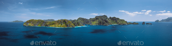 Breathtaking aerial panorama of tropical paradise Miniloc Island, El Nido, Palawan, Philippines - Stock Photo - Images