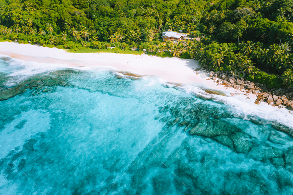 Aerial photo of bizarre paradise tropical beach Anse Bazarca at Mahe island, Seychelles. White sand - Stock Photo - Images
