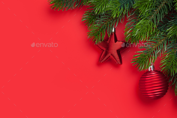Christmas card with decor and fir tree branch - Stock Photo - Images