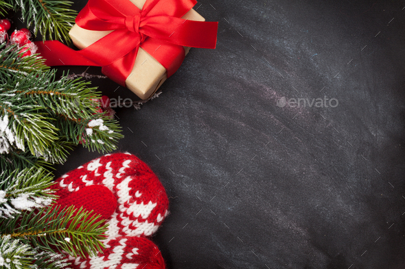Christmas gift box and fir tree branch - Stock Photo - Images